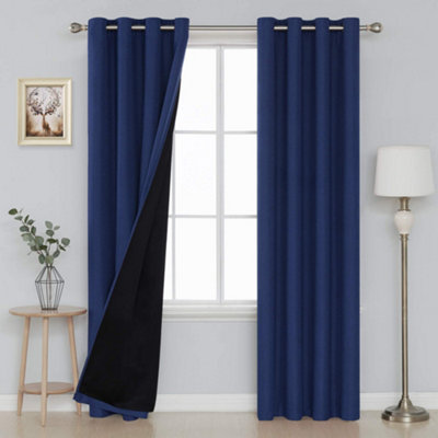 Deconovo Faux Linen Eyelet Blackout Curtains Double Layer Thermal Insulated Energy Saving Curtains 140x240 cm Dark Blue 2 Panels