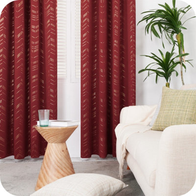 Deconovo Foil Printed Blackout Curtains 66 x 72 Inch Dark Red 2 Panels Thermal Insulated Window Eyelet Curtains Bedroom Curtains