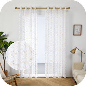 Deconovo Foil Printed Golden Chevron Net Curtains Semi Transparet Decorative Voile Curtains for Bedroom 55 x 54 Inch 2 Panels
