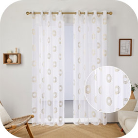 Deconovo Foil Printed Golden Circle Net Curtains Semi Transparet Decorative Voile Curtains for Bedroom 55 x 54 Inch 2 Panels
