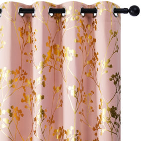 Deconovo Foil Printed Golden Tree Blackout Curtains Eyelet Curtains for Living Room Coral Pink W46 x L54 Inch 2 Panels
