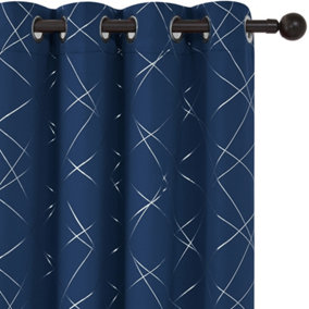 Deconovo Foil Printed Line Blackout Curtains Thermal Insulated Window Eyelet Curtains 55 x 72 Inch Navy Blue 2 Panels
