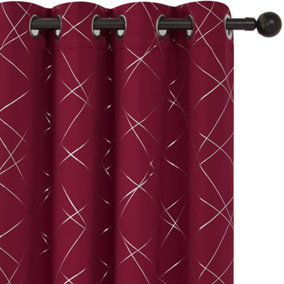 Deconovo Foil Printed Line Thermal Curtains Super Soft Ring Top Blackout Curtains for Bedroom 46 x 90 Inch Dark Red 2 Panels