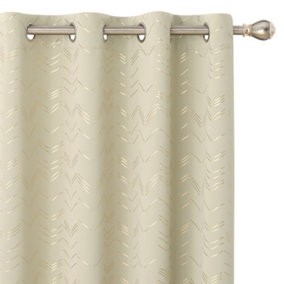 Deconovo Foil Printed Thermal Curtains Super Soft Ring Top Blackout Curtains for Bedroom 66 x 90 Inch Beige 2 Panels