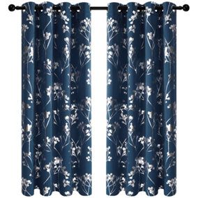 Deconovo Foil Printed Tree Blackout Curtains Eyelet Curtains for Living Room Navy Blue W46 x L54 Inch 2 Panels