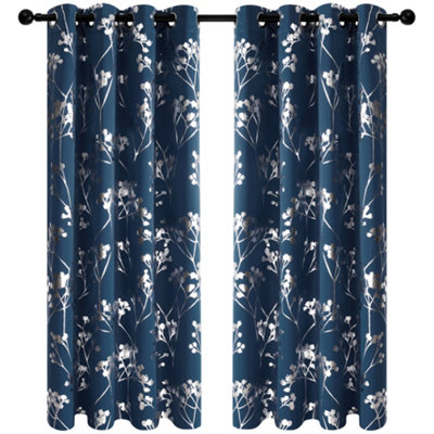 Deconovo Foil Printed Tree Blackout Curtains Eyelet Curtains for Living Room Navy Blue W46 x L90 Inch 2 Panels