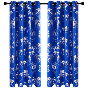 Deconovo Foil Printed Tree Blackout Curtains Eyelet Curtains for Living Room Royal Blue W46 x L72 Inch 2 Panels