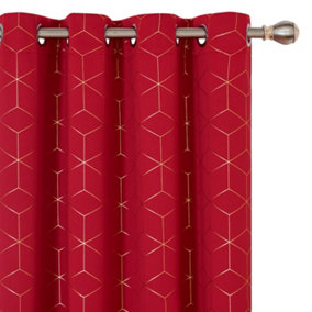 Deconovo Functional Blackout Eyelet Curtains, Gold Diamond Printed Thermal Insulated Curtains, W52 x L45 Inch, Red, One Pair