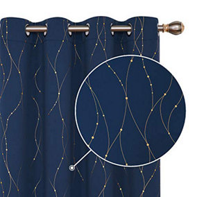 Deconovo Gold Dotted Line Foil Printed Blackout Curtains Eyelet Curtains for Living Room, 46 x 72 Inch(W x L), Navy Blue, 2 Panels