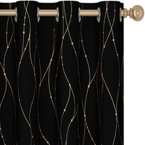 Deconovo Gold Dotted Line Foil Printed Blackout Curtains, Eyelet Room Darkening Curtains for Bedroom W52 x L63 Inch, Black, 1 Pair