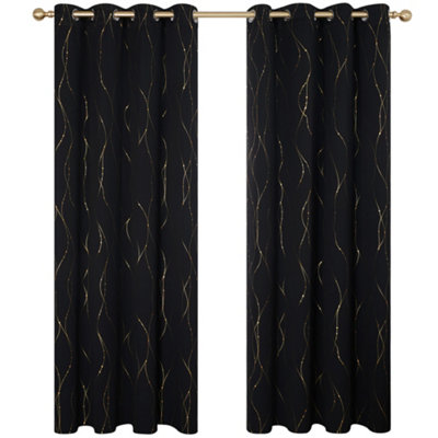 Deconovo Gold Dotted Line Foil Printed Blackout Curtains, Eyelet Room Darkening Curtains for Bedroom W52 x L63 Inch, Black, 1 Pair
