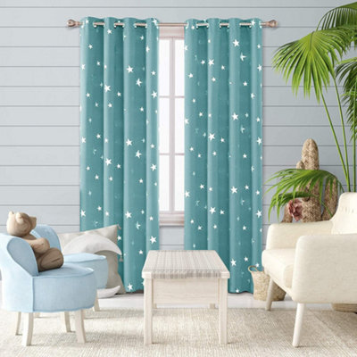 Deconovo Kids Blackout Ring Top Curtains Noise Reducing Silver Star Foil Printed Curtains for Bedroom 46x63 Inch Sky Blue 2 Panels