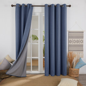 Deconovo Linen Effect 100% Blackout Curtains Thermal Insulated Eyelet with Coating Back Layer 46x54 Inch Blue 2 Panels