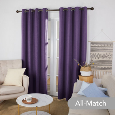 Deconovo Linen Effect 100% Blackout Curtains Thermal Insulated Eyelet with Coating Back Layer 46x90 Inch Purple Grape 2 Panels