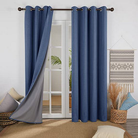 Deconovo Linen Effect Blackout Curtains Drapes Eyelet Curtains for Living Room with Coating Back Layer 52 x 90 Inch Blue 2 Panels