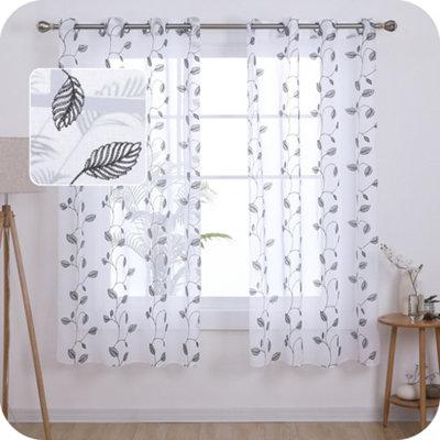 Deconovo Linen Effect Embroidered Voile Curtains Eyelets Sheer Curtains Home Decorative Net Curtains 55 x 72 Inch Grey 1 Pair