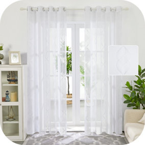 Deconovo Linen Effect Embroidered Voile Curtains Eyelets Sheer Curtains Home Decorative Net Curtains 55x72 Inch White 1 Pair