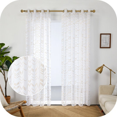 Deconovo Linen Effect Foil Printed Voile Curtains Eyelets Sheer