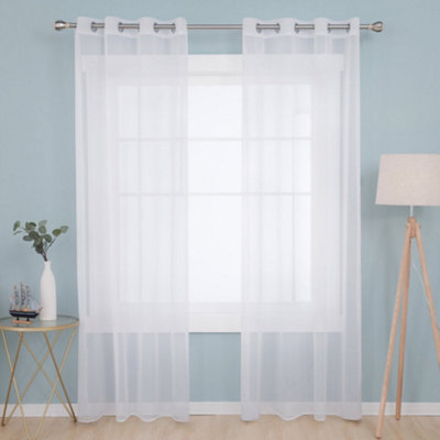 Deconovo Linen Look Semi Transparent Net Eyelet Voile Curtains, Sheer Curtains for Small Windows, 55 x 36 Inch, White, 2 Panels