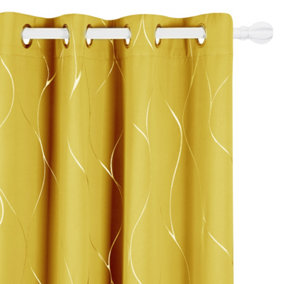 Deconovo Mellow Yellow, Thermal Insulated Room Darkening Curtains, Silver Wave Line Foil Printed Curtains W66 x L54 Inch, 2 panels