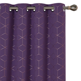 Deconovo Noise Reduction Eyelet Curtains, Gold Diamond Printed Thermal Insulated Curtains, W46 x L90 Inch, Purple Grape, One Pair