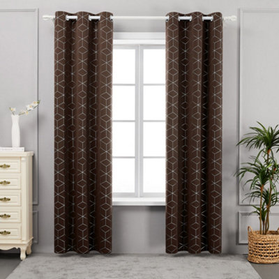 Deconovo Set of 2 Silver Blackout Eyelet Curtains with Geometric Pattern for Living Room Bedroom 132 x 138 cm Chocolate