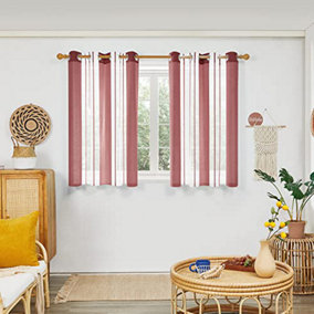 Deconovo Sheer Curtains Eyelet Soft Decorative Striped Yarn-dyed Faux Linen Voile Curtains 55 x 54 Inch Red 2 Panels