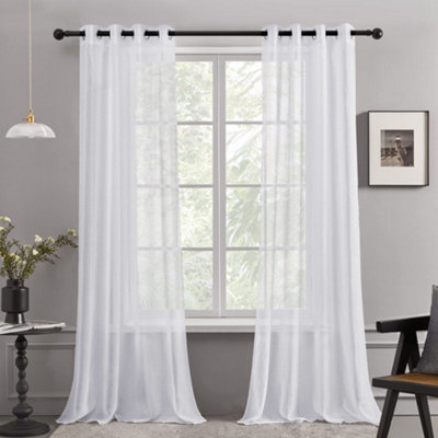 Deconovo Sheer Curtains Faux Linen Solid Semi Transparent Voile Window Net Curtains, White, 132x242cm, 2 Panels