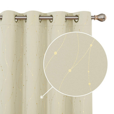 Deconovo Silver Gold Dotted Line Foil Printed Blackout Curtains Thermal Insulated Eyelet Curtains 55 x 70 Inch Beige 2 Panels