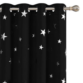 Deconovo Silver Star Foil Printed Blackout Curtains, Thermal Insulated Curtains Eyelet Curtains, W66 x L72 Inch, Black, 2 Panels