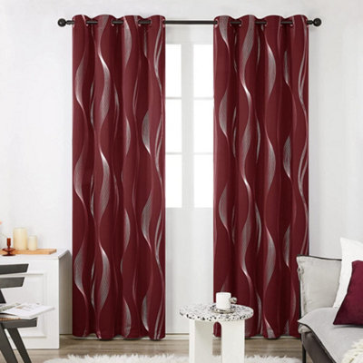 Deconovo Silver Wave Line Foil Printed Blackout Curtains Thermal Curtains Eyelet Curtains for Living Room 46 x 90 Inch Red 1 Pair