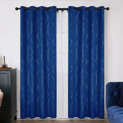 Deconovo Soft Thermal Curtains Foil Dotted Line Printed Eyelet Blackout Curtains for Living Room 55 x 70 Inch Royal Blue One Pair