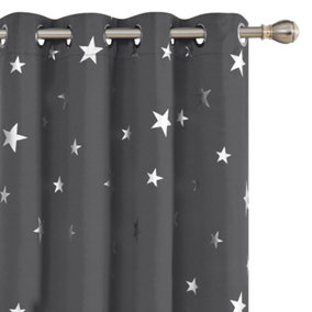 Deconovo Super Soft Foil Star Printed Thermal Insulated Eyelet Blackout Curtains for Kids, W55 x L72 Inch, Dark Grey, 2 Panels