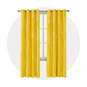 Deconovo Super Soft Silver Wave Line Foil Printed Thermal Insulated Eyelet Blackout Curtains W46 x L90 Inch, Mellow Yellow, 1 Pair