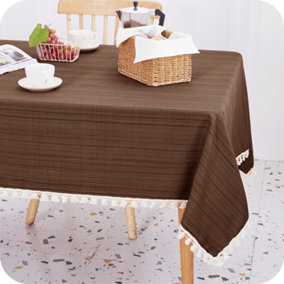 Deconovo Tassel Tablecloth Home Decorative Wipe Clean Faux Linen Rectangle Waterproof for Dining Room 140x200 (55x79 in) Brown