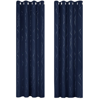 Deconovo Thermal Blackout Curtains Foil Dotted Line Printed Eyelet Curtains for Bedroom, 55 x 95 Inch, Navy Blue, One Pair