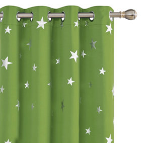 Deconovo Thermal Blackout Eyelet Curtains, Silver Star Foil Printed Room Darkening Curtains, W66 x L54 Inch, Grass Green, 2 Panels