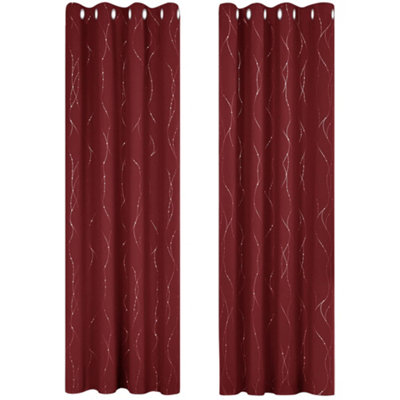 Deconovo Thermal Curtains Eyelet Curtains Dot Line Foil Printed Blackout Curtains for Bedroom, 55 x 95 Inch, Red, One Pair