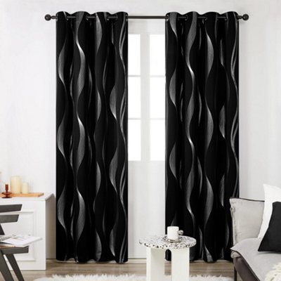 Deconovo Thermal Curtains Eyelet Curtains Silver Wave Line Foil Printed Blackout Curtains for Bedroom 55 x69 Inch, Black, 2 Panels