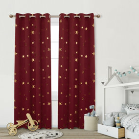 Deconovo Thermal Curtains, Eyelet Noise Rducing Curtains, Gold Star Foil Printed, Blackout Curtains, W46 x L90 Inch, Red, 2 Panels