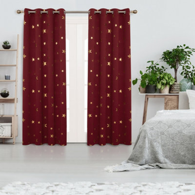 Deconovo Thermal Curtains, Eyelet Noise Rducing Curtains, Gold Star Foil Printed, Blackout Curtains, W46 x L90 Inch, Red, 2 Panels