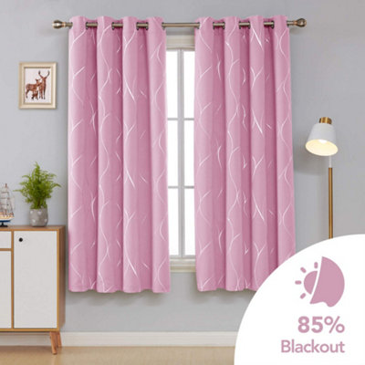 Deconovo Thermal Curtains Wave Line Foil Printed Blackout Eyelet Curtains for Girls Bedroom Pink 55 x 70 Inch, Pink, One Pair