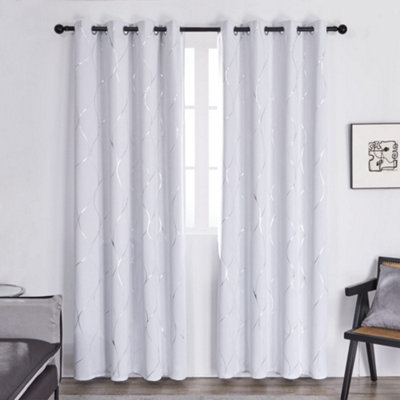 Deconovo Thermal Curtains Wave Line Foil Printed Blackout Eyelet Curtains for Girls Bedroom Silver Grey 55 x 69 Inch, One Pair