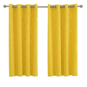 Deconovo Thermal Insulated Blackout Curtains Gold Wave Foil Printed Eyelet Curtains, W66 x L54 Inch, Mellow Yellow, 1 Pair