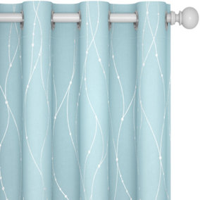 Deconovo Thermal Insulated Blackout Curtains Silver Dotted Line Foil Printed Eyelet Curtains W66 x L72 Inch Light Blue 2 Panels