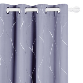 Deconovo Thermal Insulated Blackout Curtains Silver Wave Line Foil Printed Eyelet Curtains Light Purple W46 x L72 Inch One Pair