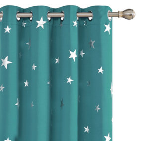 Deconovo Thermal Insulated Curtains, Silver Star Foil Printed Noise Reducing Eyelet Curtains, W46 x L84 Inch, Turquoise, 2 Panels