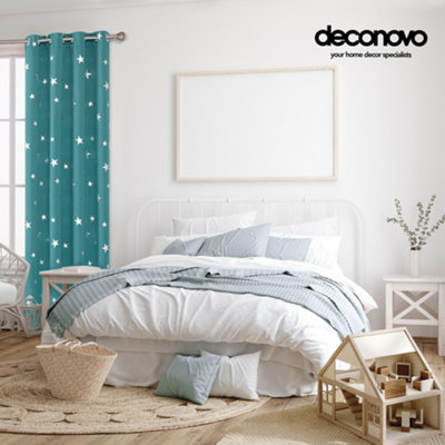 Deconovo Thermal Insulated Curtains, Silver Star Foil Printed Noise Reducing Eyelet Curtains, W46 x L84 Inch, Turquoise, 2 Panels
