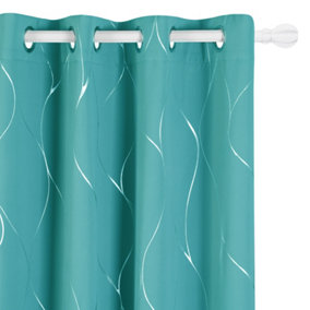 Deconovo Thermal Insulated Eyelet Blackout Curtains, Silver Wave Line Foil Printed Curtains, W46 x L90 Inch, Turquoise, 1 Pair
