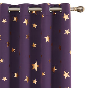 Deconovo Thermal Insulated Gold Star Foil Printed, Blackout Eyelet Bedroom Curtains, W66 x L54 Inch, Purple Grape, 2 Panels
